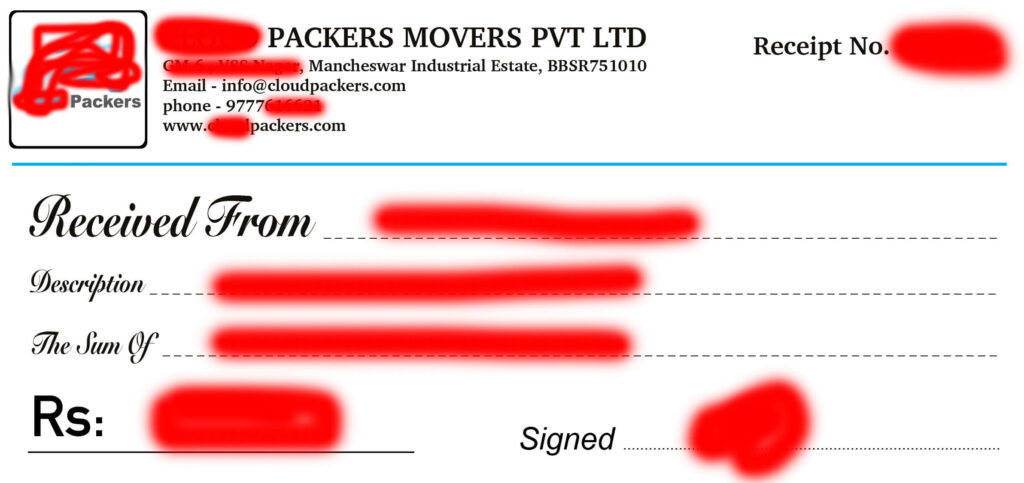 Packers and movers cash memo Sample